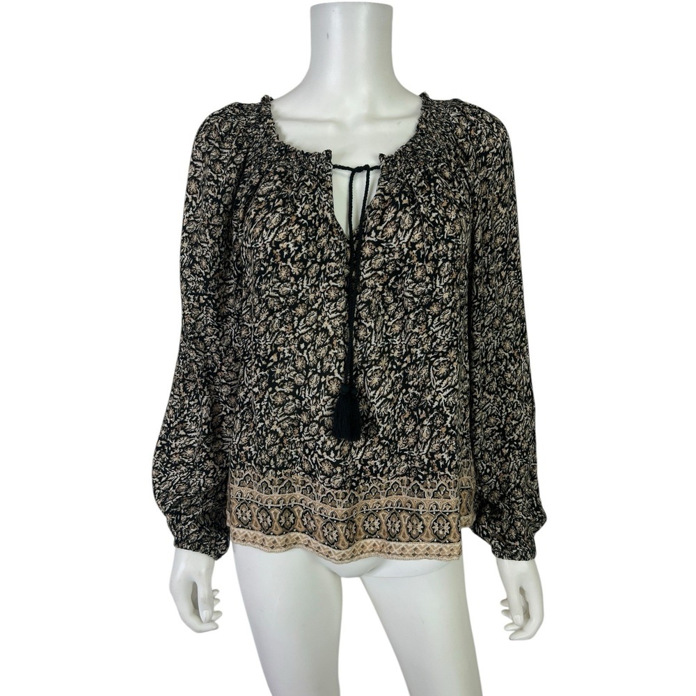 Lucky Brand Women's Top Blouse Floral Tassel Tie Shirred Neck Black Loose Size S
